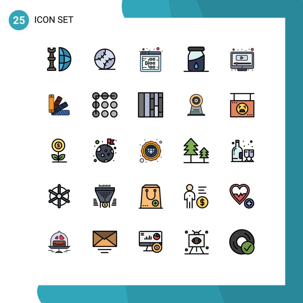 Set of 25 Commercial Filled line Flat Colors pack for computer drop stiched bottle web Editable Vector Design Elements