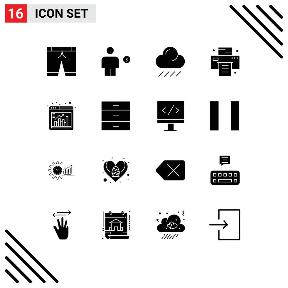 Modern Set of 16 Solid Glyphs Pictograph of chart bar cloud window print Editable Vector Design Elements