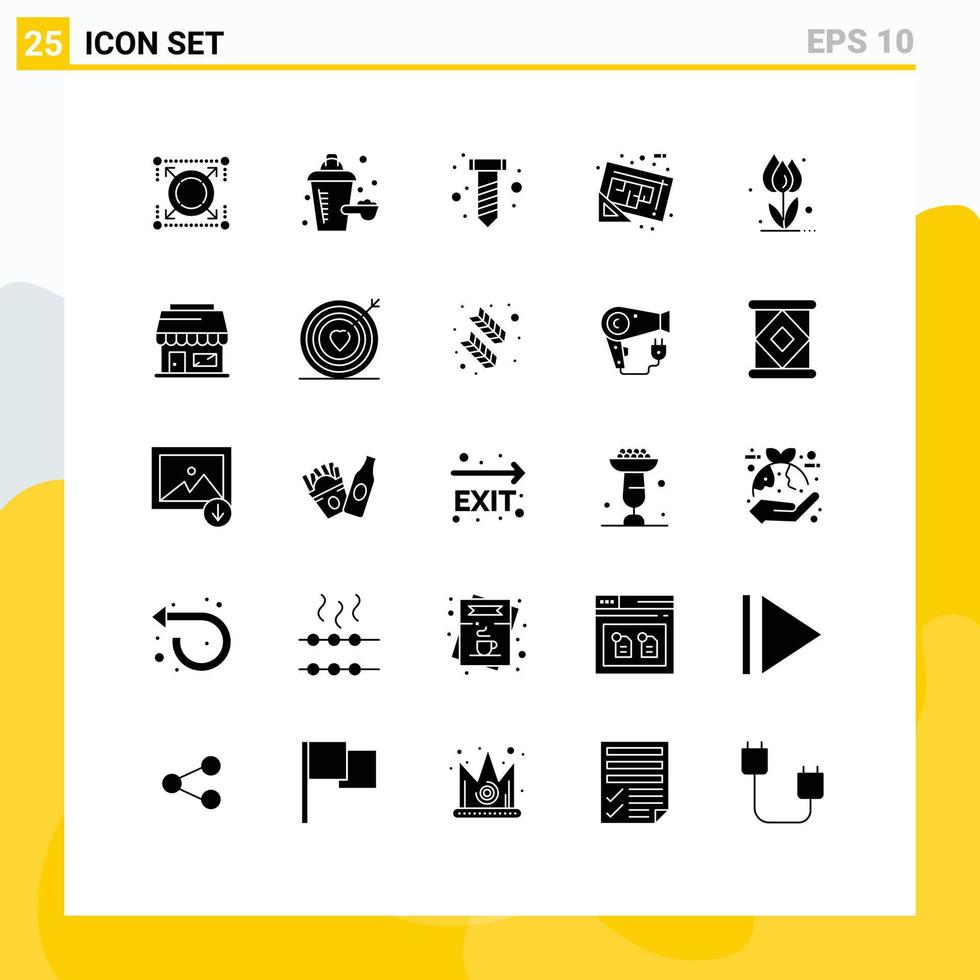 paquete de 25 signos y símbolos de glifos sólidos modernos para medios de impresión web, como elementos de diseño de vectores editables del mapa del plan de hardware de la flora floral