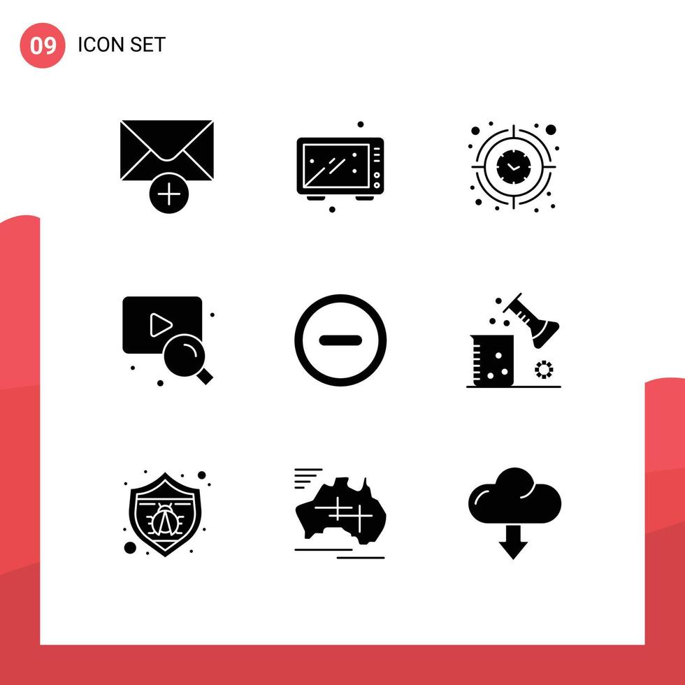 Universal Icon Symbols Group of 9 Modern Solid Glyphs of minus search clock video timer Editable Vector Design Elements