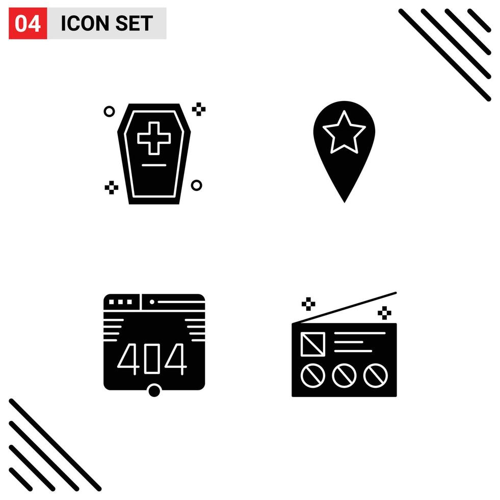 Group of 4 Solid Glyphs Signs and Symbols for casket error halloween casket location advertising Editable Vector Design Elements