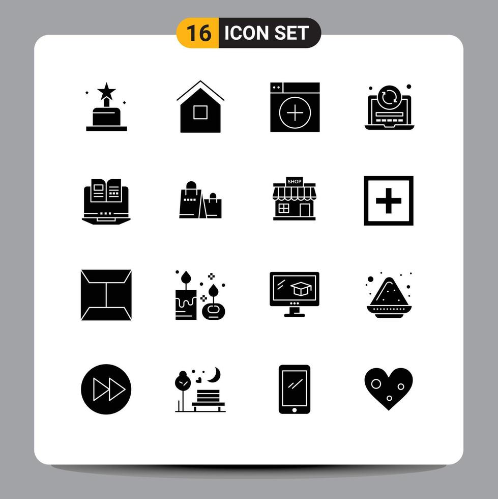 Solid Glyph Pack of 16 Universal Symbols of laptop reload add refresh app Editable Vector Design Elements