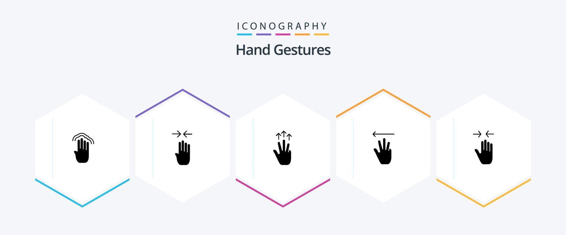 Paquete de iconos de 25 glifos con gestos manuales, incluido el izquierdo. cursor de mano pellizco. mano. tres dedos vector