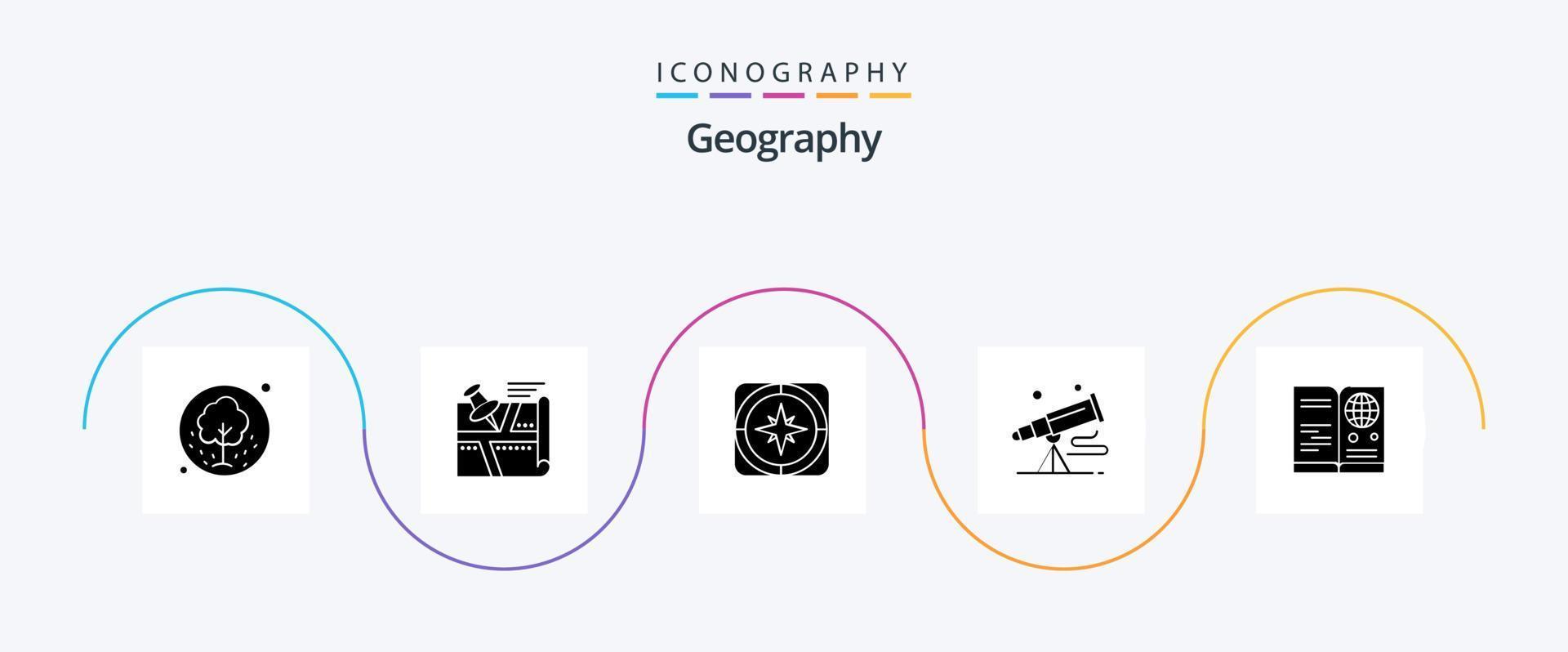 paquete de iconos de glifo 5 de geografía que incluye telescopio. prismáticos. alfiler. viajar. dirección vector