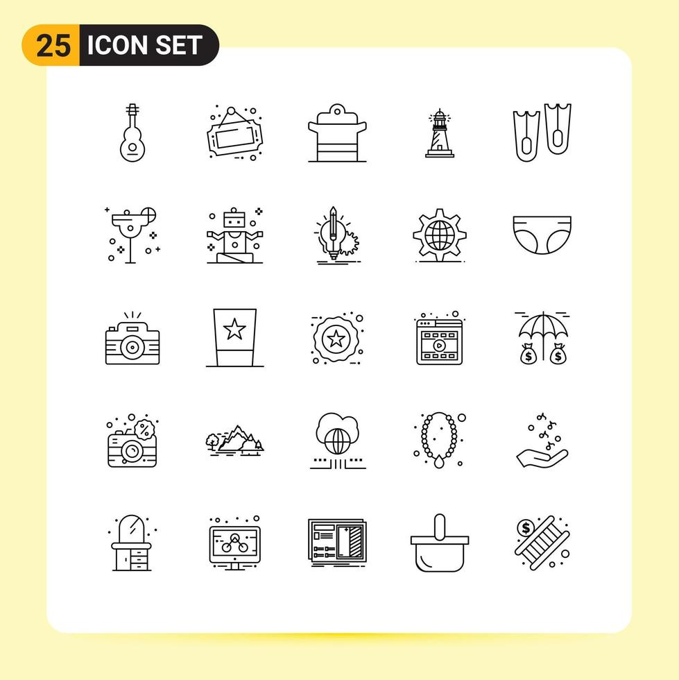 Mobile Interface Line Set of 25 Pictograms of beach house shop lighthouse pan Editable Vector Design Elements