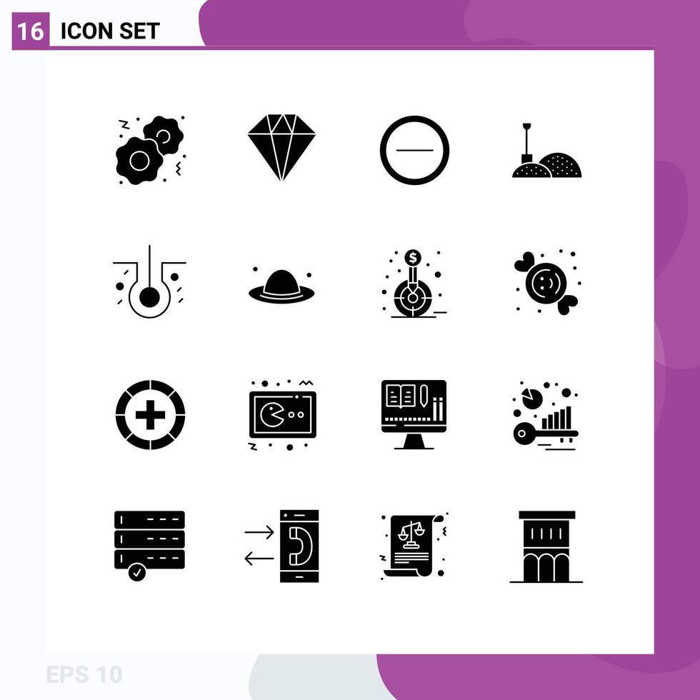 Pictogram Set of 16 Simple Solid Glyphs of hat cap user sick hair hair Editable Vector Design Elements