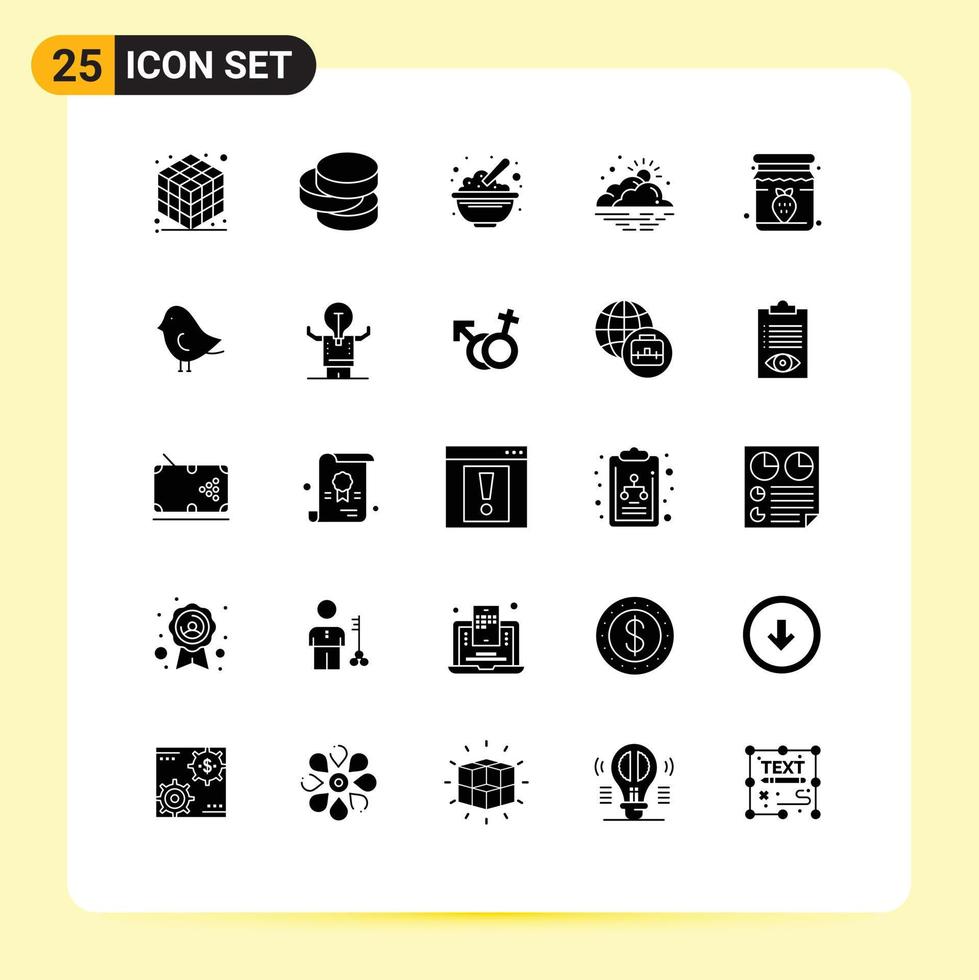 conjunto de pictogramas de 25 glifos sólidos simples de elementos de diseño de vectores editables del día del sol de la comida del clima del tarro