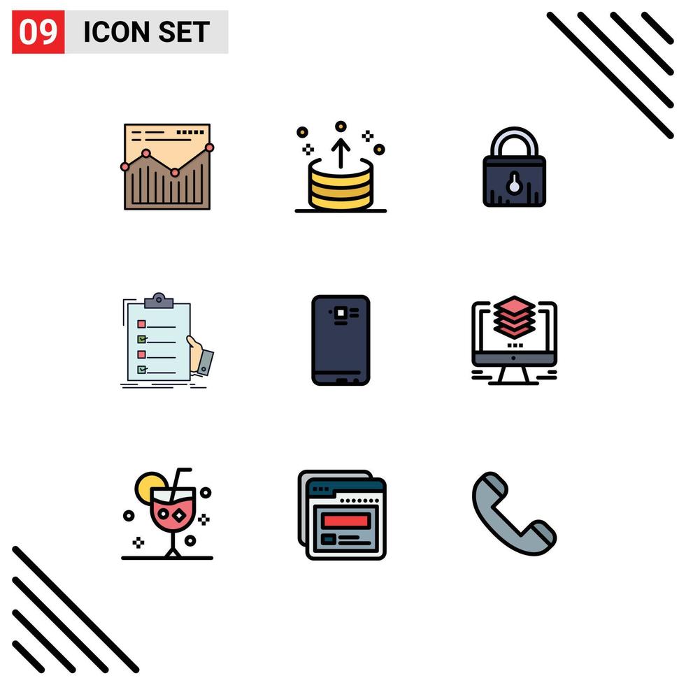 Group of 9 Modern Filledline Flat Colors Set for clipboard expertise up check shopping Editable Vector Design Elements