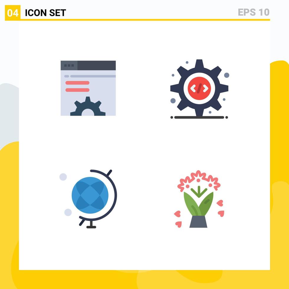 conjunto de 4 iconos planos vectoriales en cuadrícula para elementos de diseño vectorial editables de ramo de código fuente de navegador web de geografía de datos vector