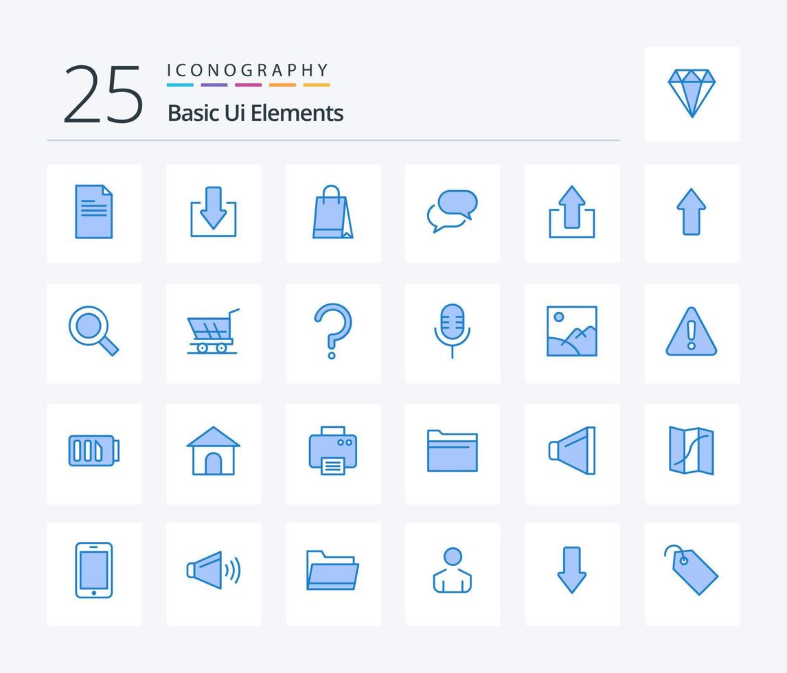 Elementos básicos de la interfaz de usuario Paquete de 25 iconos de color azul que incluye hasta. flecha. bolso de mano correo. chat vector