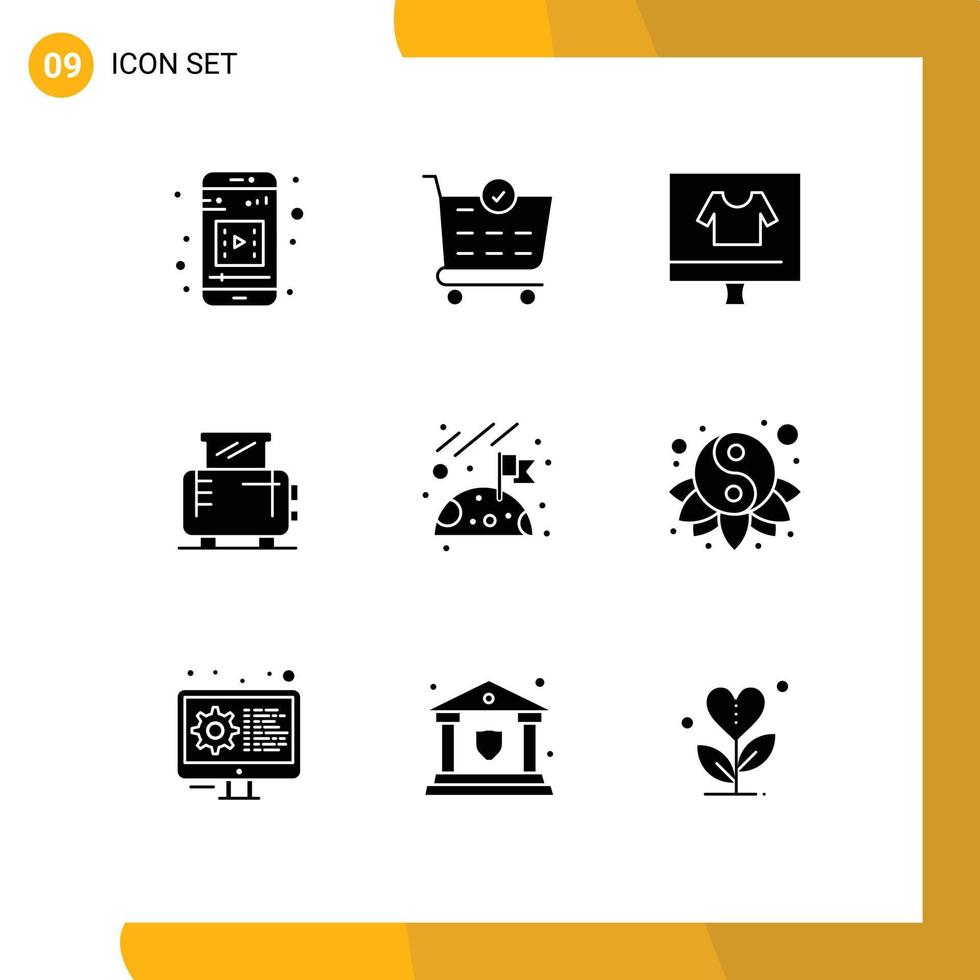 Modern Set of 9 Solid Glyphs Pictograph of space flag e toaster home Editable Vector Design Elements