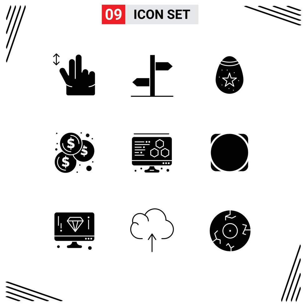 Modern Set of 9 Solid Glyphs Pictograph of coin computer decoration printing coins Editable Vector Design Elements