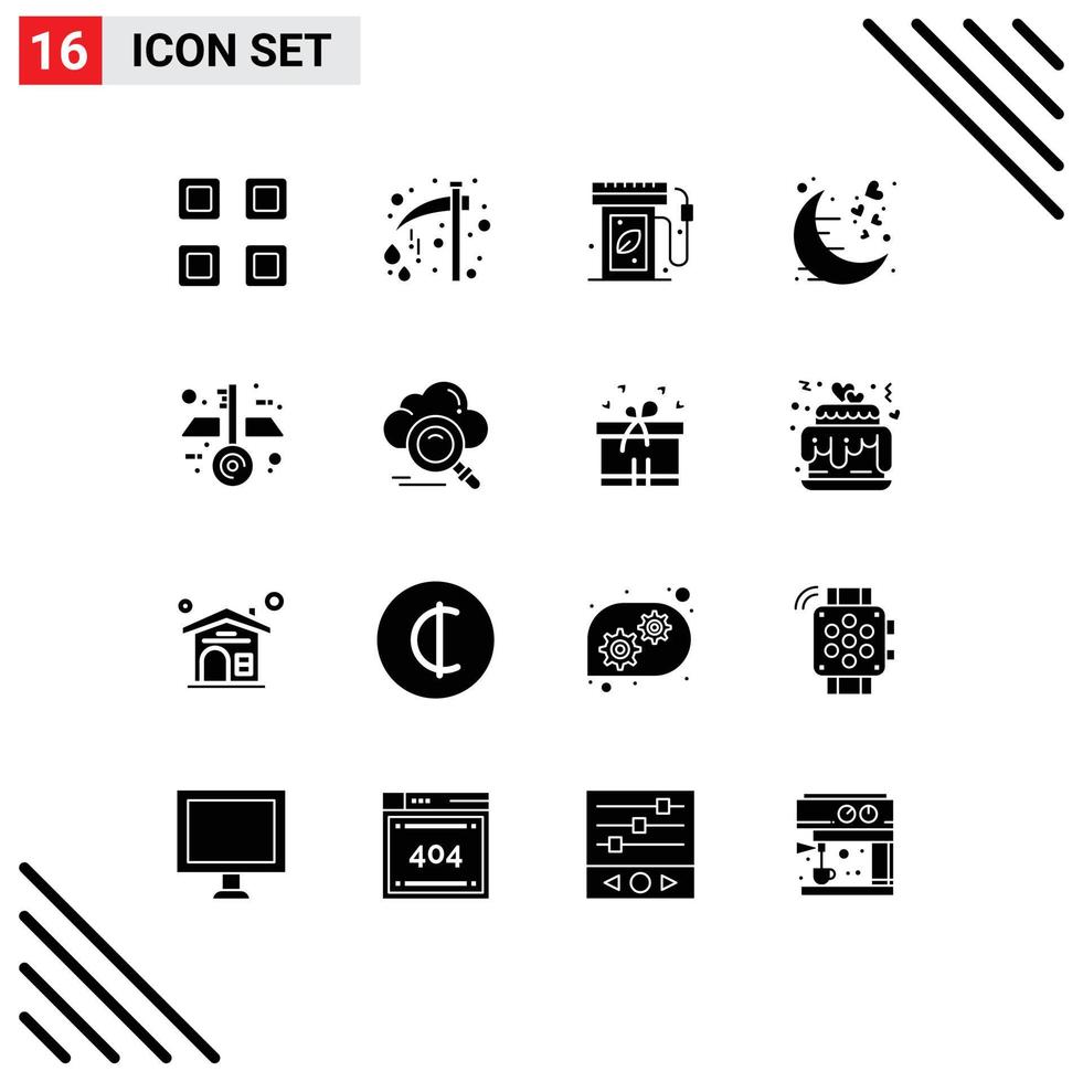 Set of 16 Vector Solid Glyphs on Grid for romantic moon scary love gas station Editable Vector Design Elements