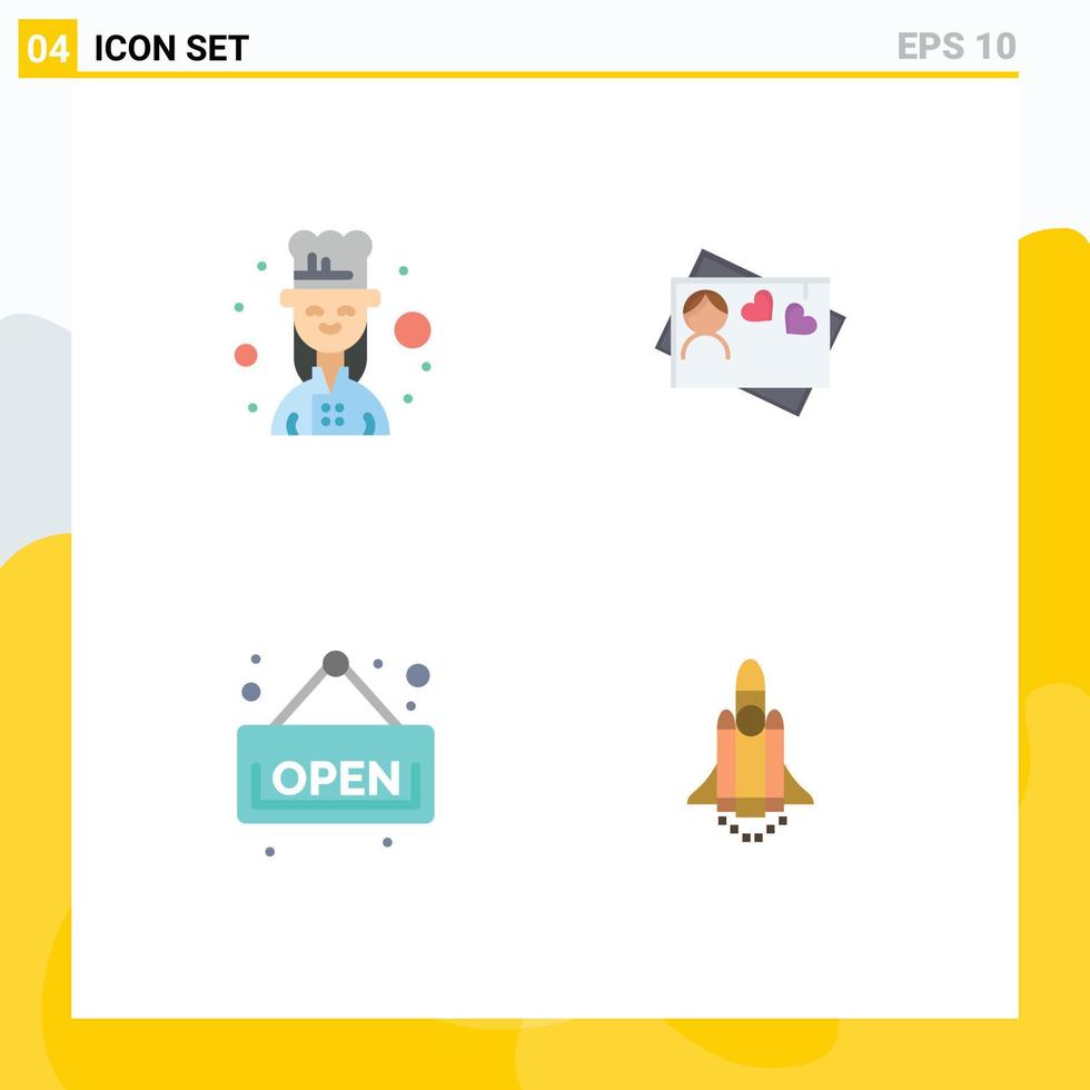 4 User Interface Flat Icon Pack of modern Signs and Symbols of chef shop female cook heart launching Editable Vector Design Elements