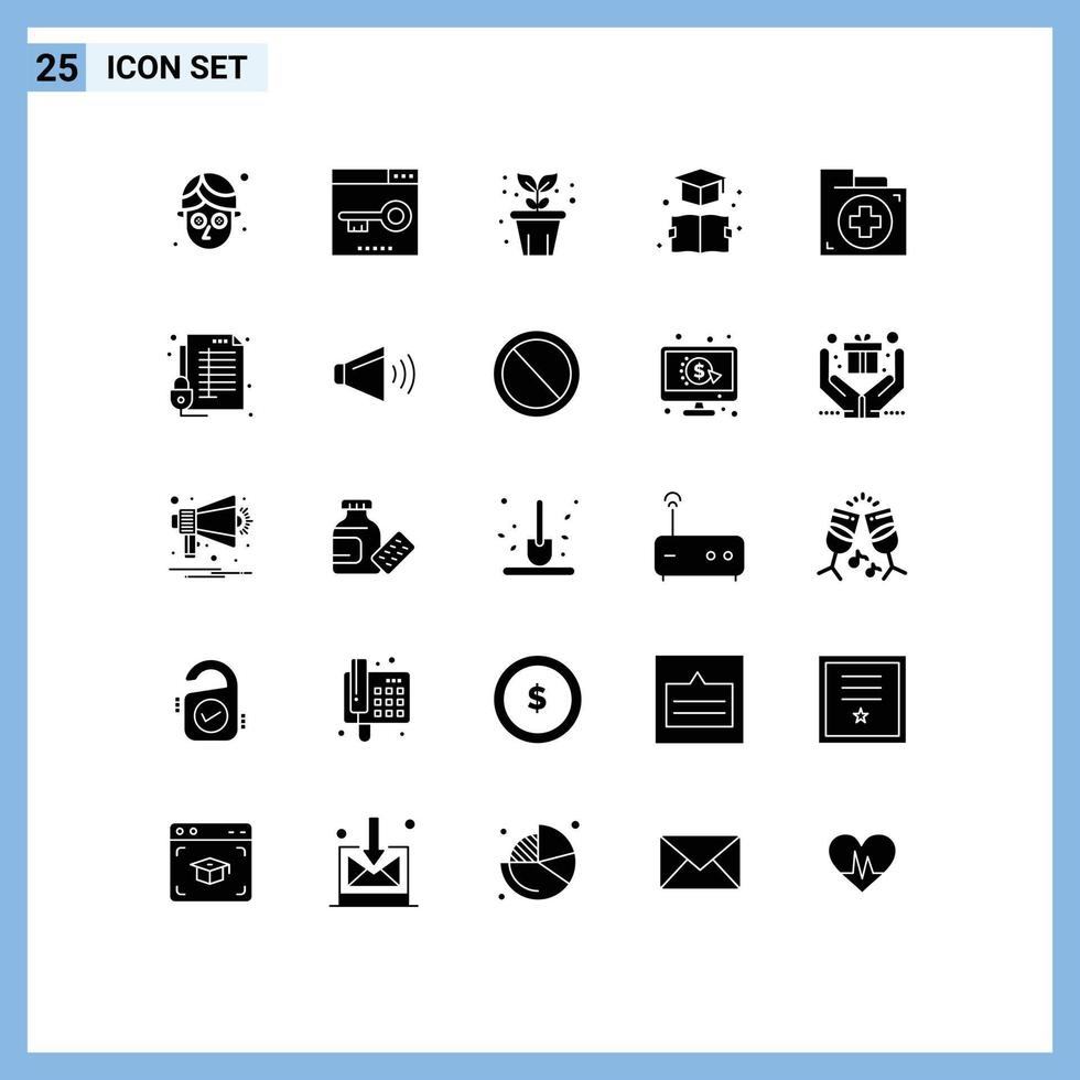 User Interface Pack of 25 Basic Solid Glyphs of bag graduation agriculture education book Editable Vector Design Elements