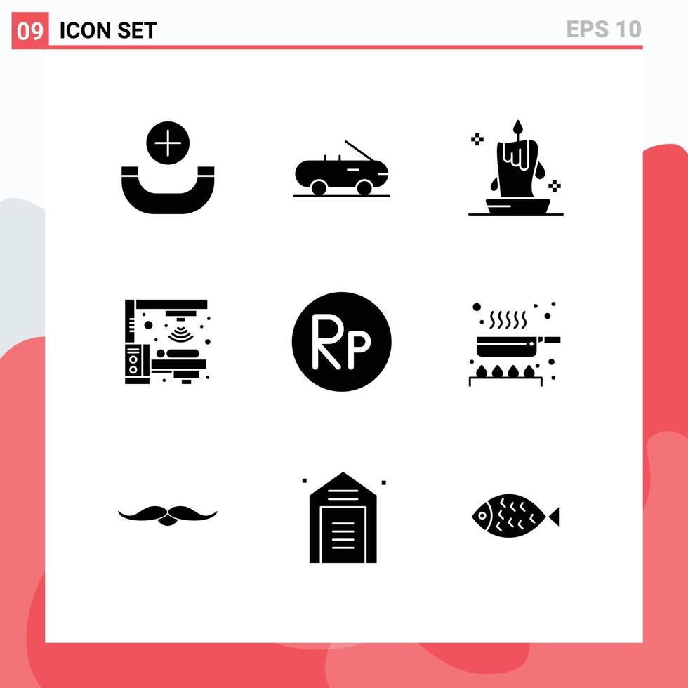 conjunto de 9 iconos de ui modernos símbolos signos para cocinar iluminación indonesia idr radiación elementos de diseño vectorial editables vector