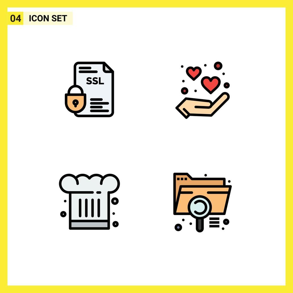 Set of 4 Vector Filledline Flat Colors on Grid for banking cafe security hand chef hat Editable Vector Design Elements