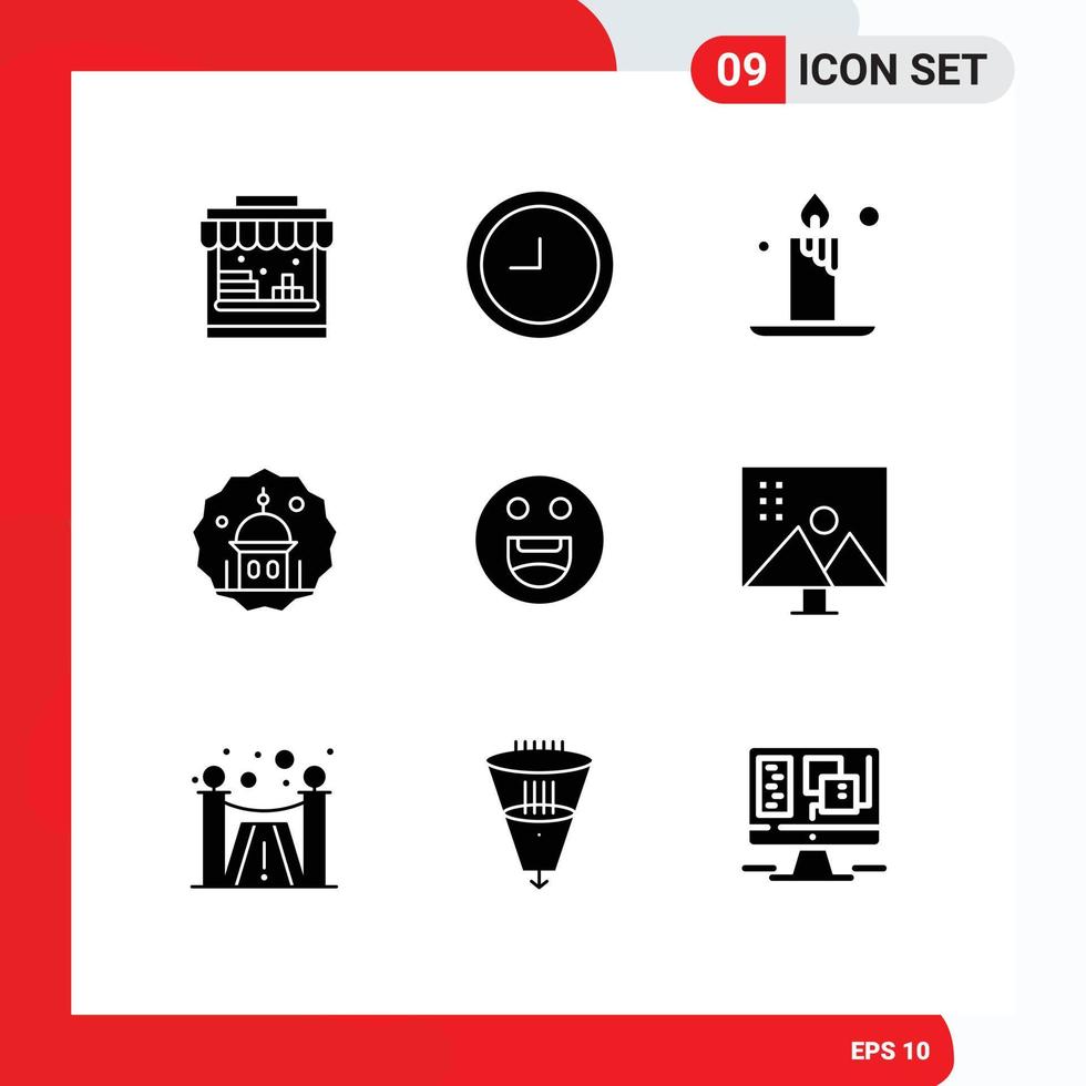 Universal Icon Symbols Group of 9 Modern Solid Glyphs of image editing motivation mosque happy pray Editable Vector Design Elements