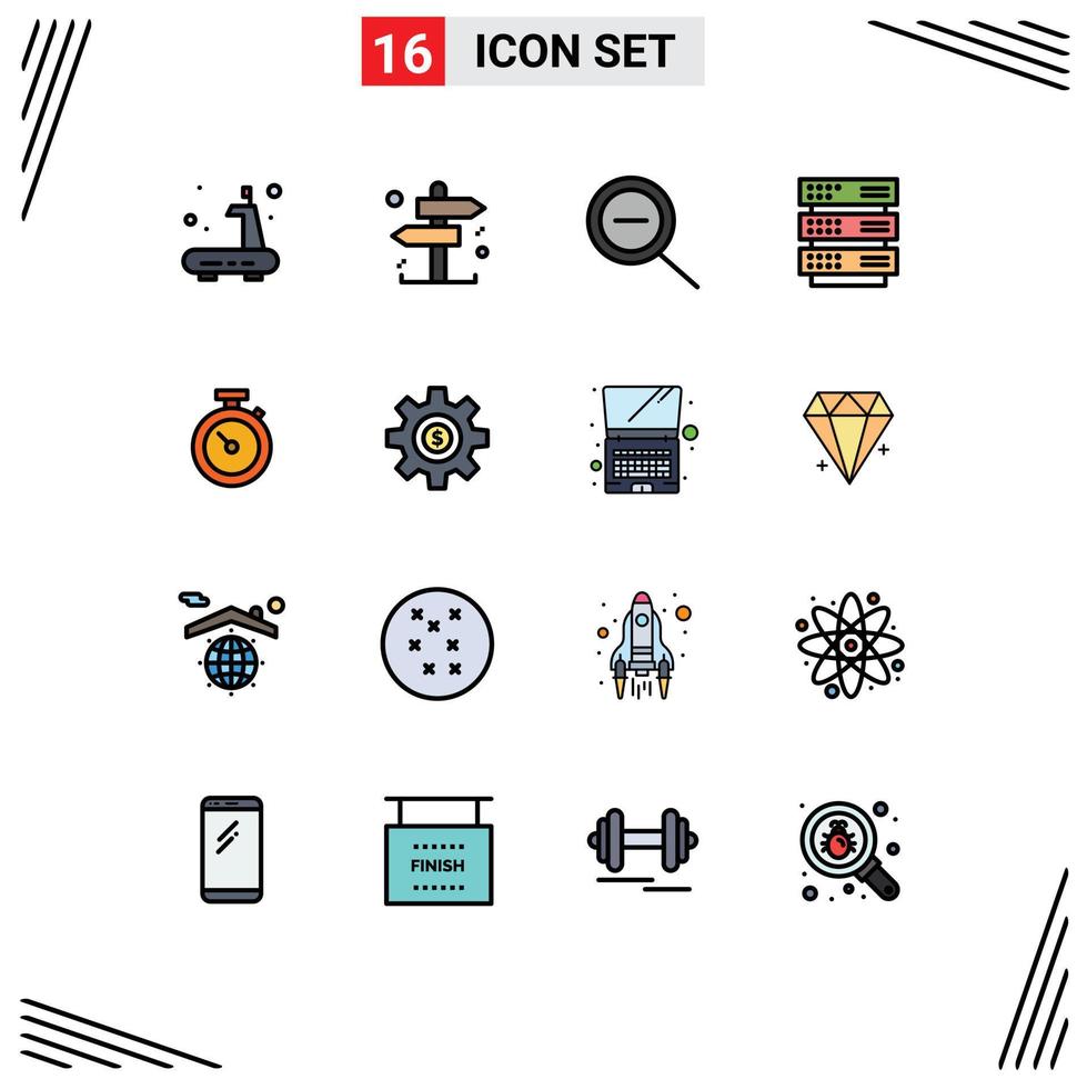 16 Universal Flat Color Filled Lines Set for Web and Mobile Applications cog watch zoom stopwatch network Editable Creative Vector Design Elements
