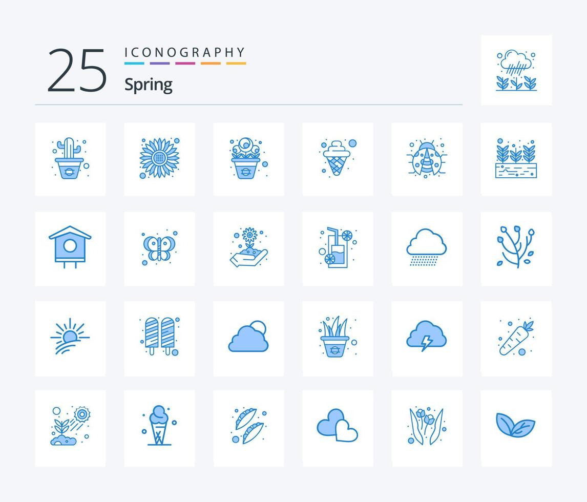 paquete de iconos de color azul primavera 25 que incluye lady bug. insecto. maceta. bicho. alimento vector