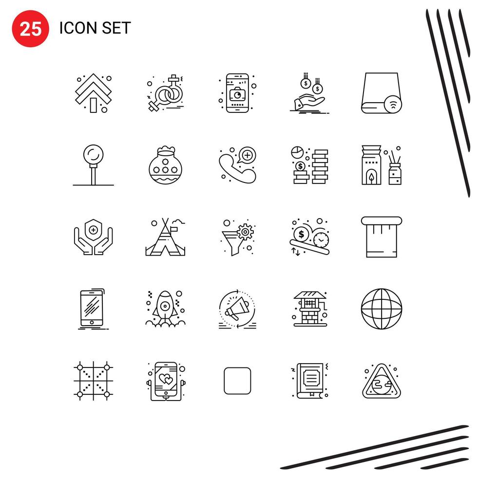 25 Thematic Vector Lines and Editable Symbols of drive computers camera money currency Editable Vector Design Elements