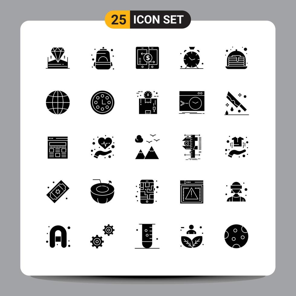 Set of 25 Vector Solid Glyphs on Grid for cake time mobile clock smartphone Editable Vector Design Elements