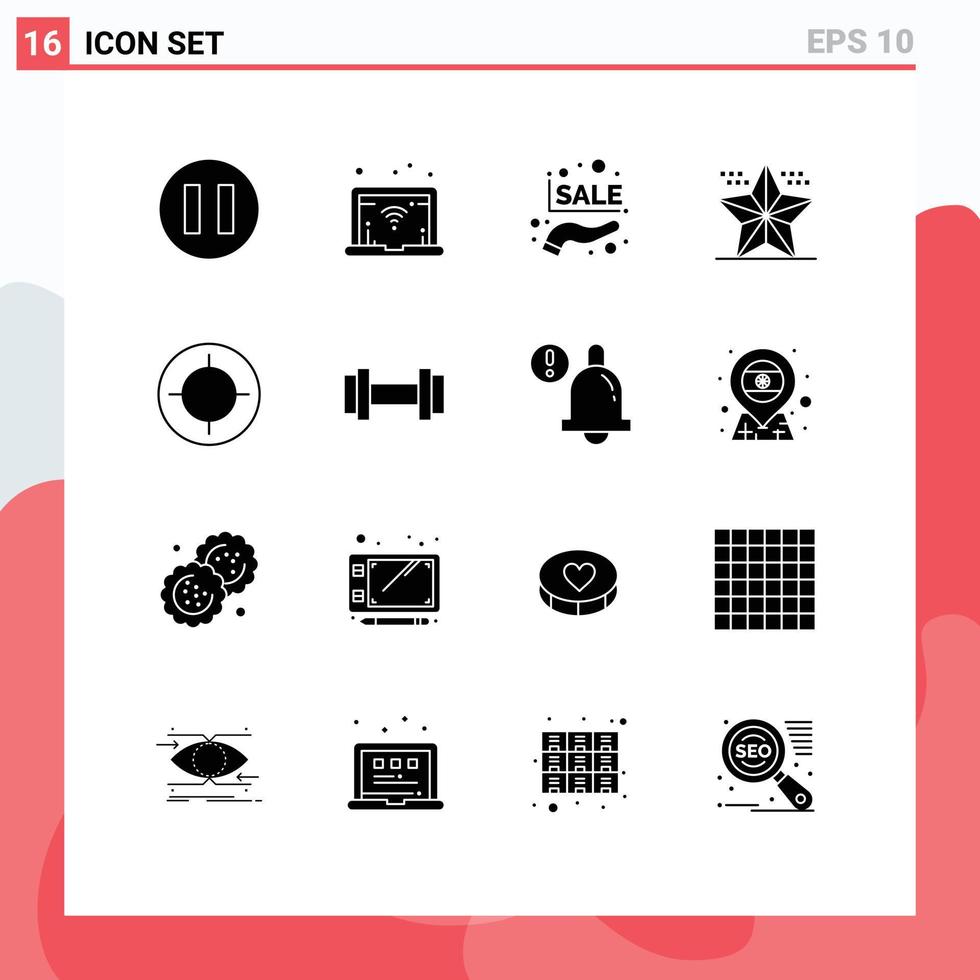 Set of 16 Vector Solid Glyphs on Grid for dumbbells shoot celebration focus star Editable Vector Design Elements