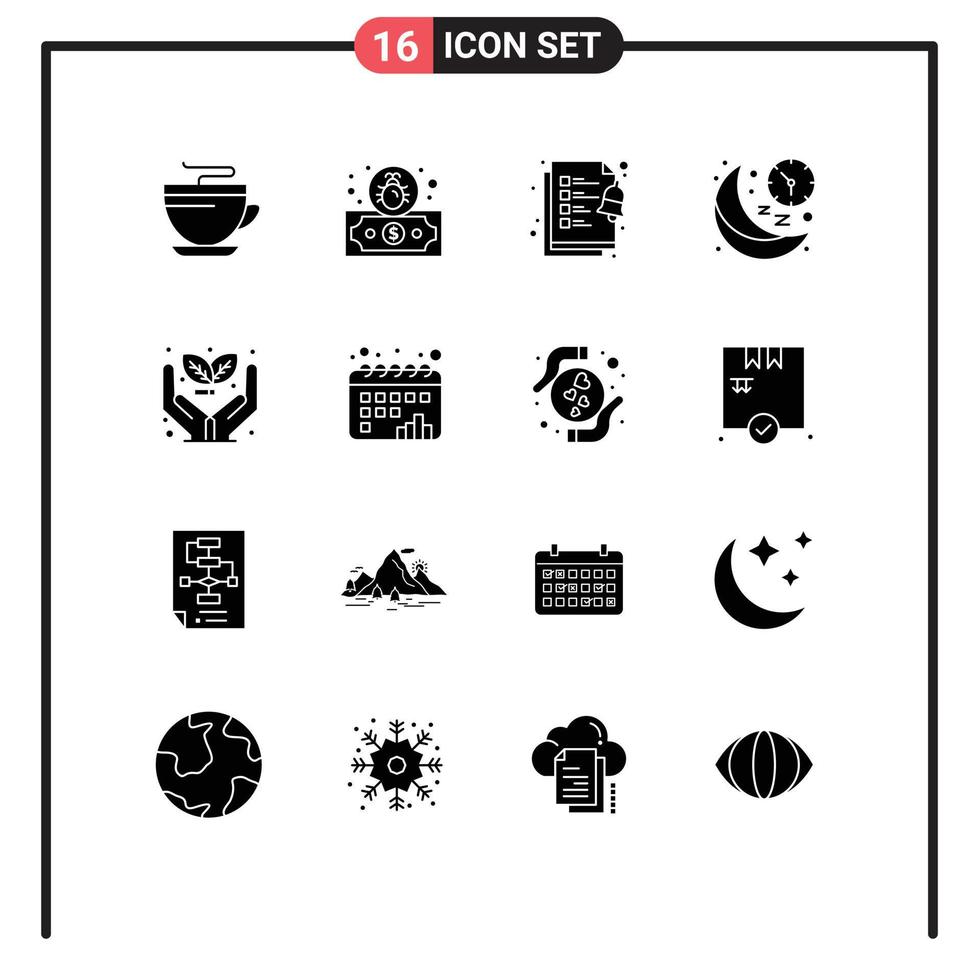 Group of 16 Solid Glyphs Signs and Symbols for investment growth clipboard time moon Editable Vector Design Elements