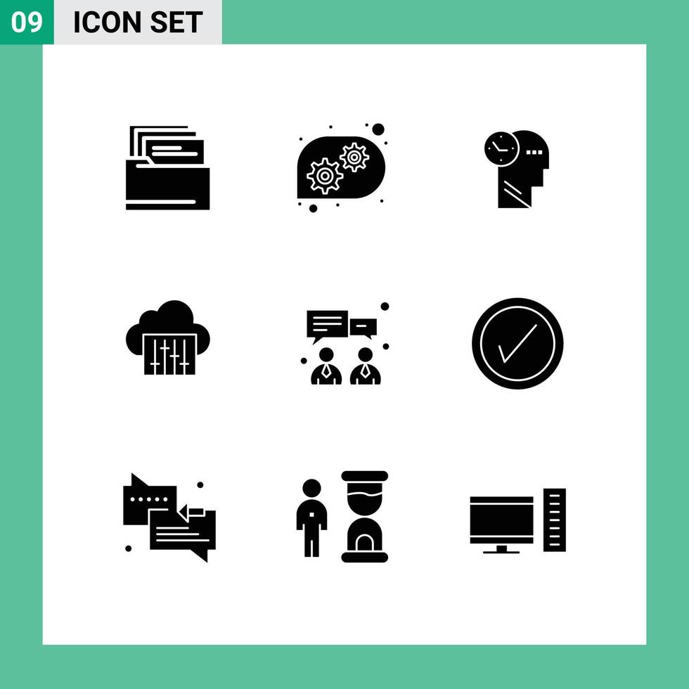 Pack of 9 creative Solid Glyphs of tick chat thoughts business music Editable Vector Design Elements