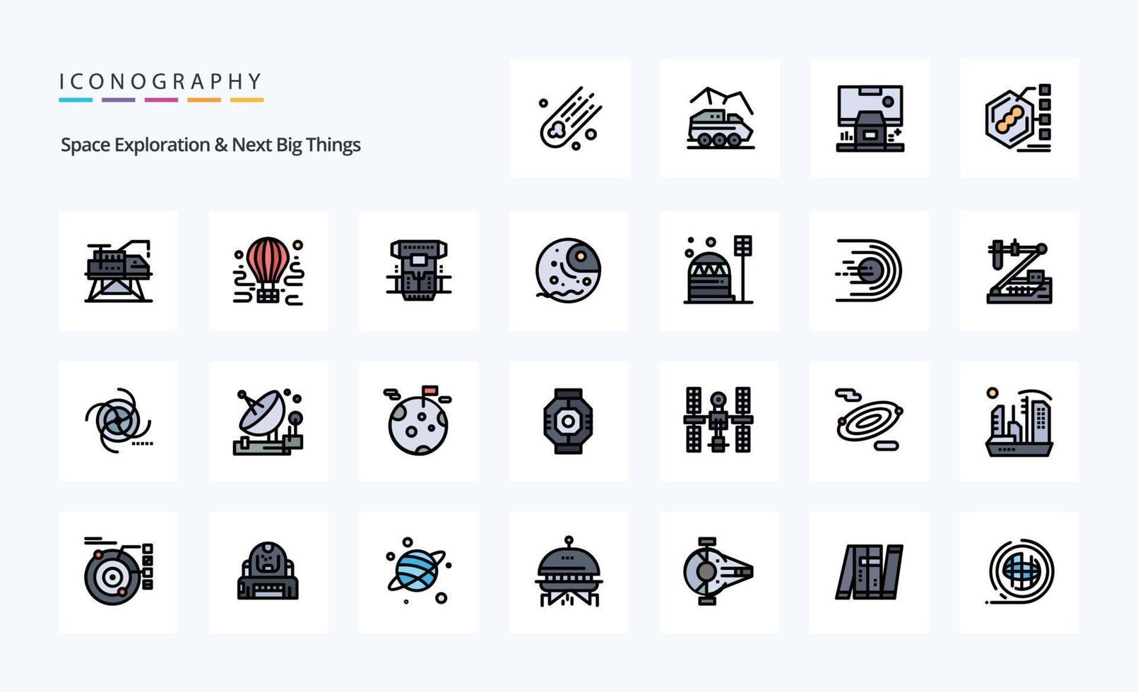 25 Space Exploration And Next Big Things Line Filled Style icon pack vector