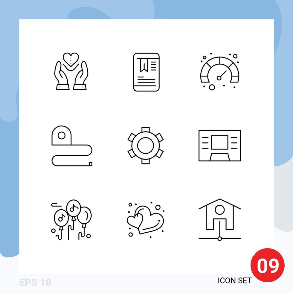 Modern Set of 9 Outlines Pictograph of setting basic page tape measuring Editable Vector Design Elements