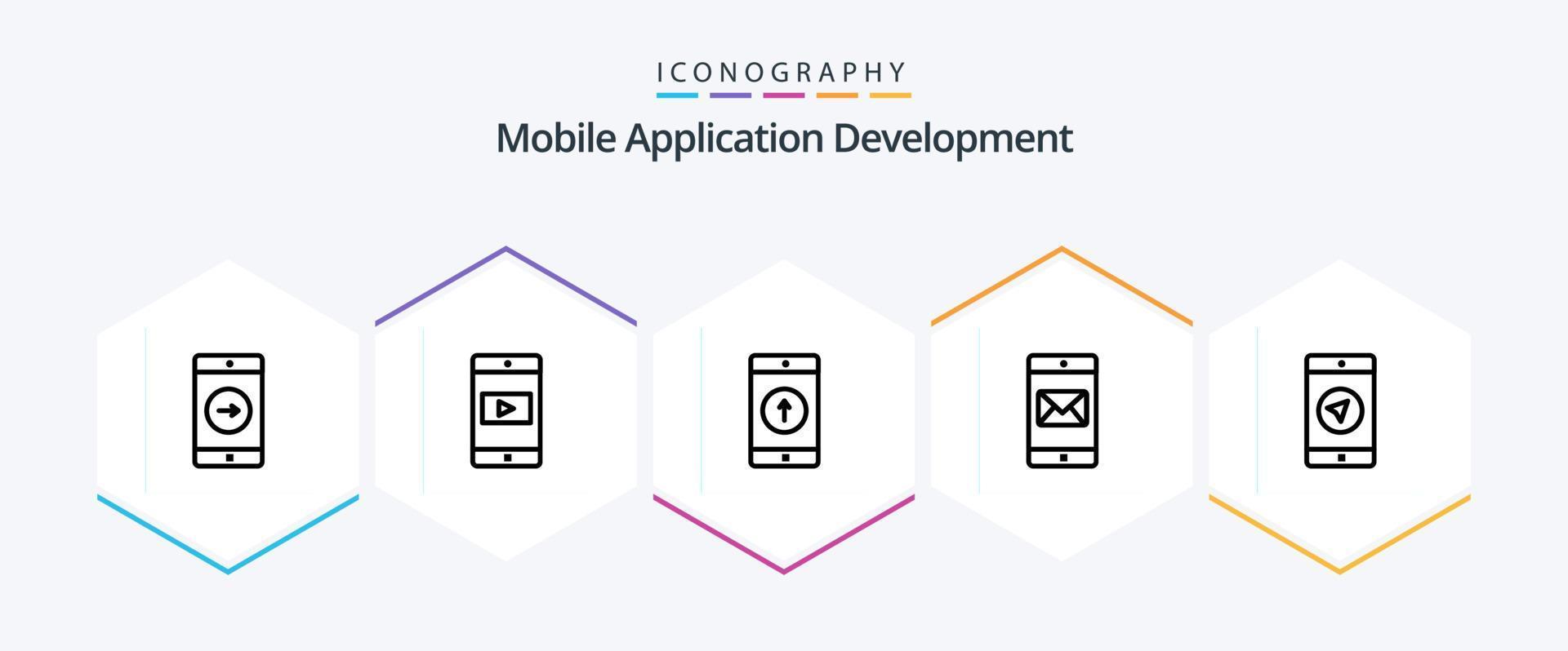 paquete de iconos de 25 líneas de desarrollo de aplicaciones móviles que incluye la aplicación. aplicación movil. solicitud. móvil. enviado vector
