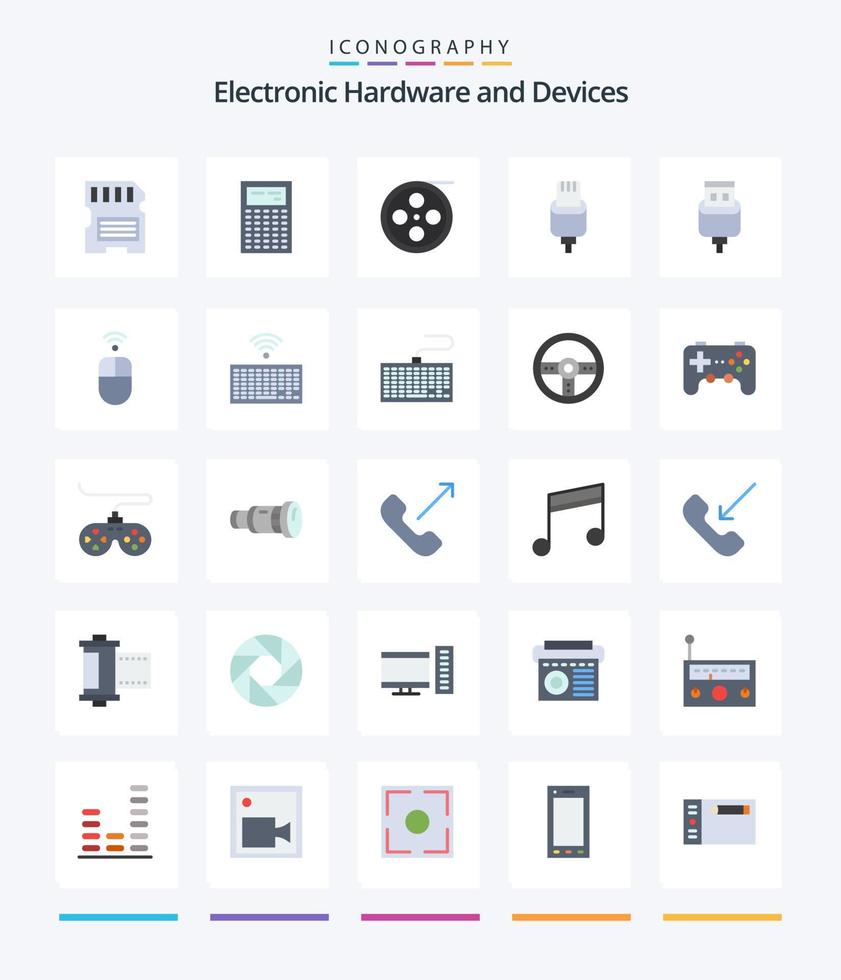 Paquete de 25 iconos planos de dispositivos creativos, como carga. iluminación. cámara. conector cable vector