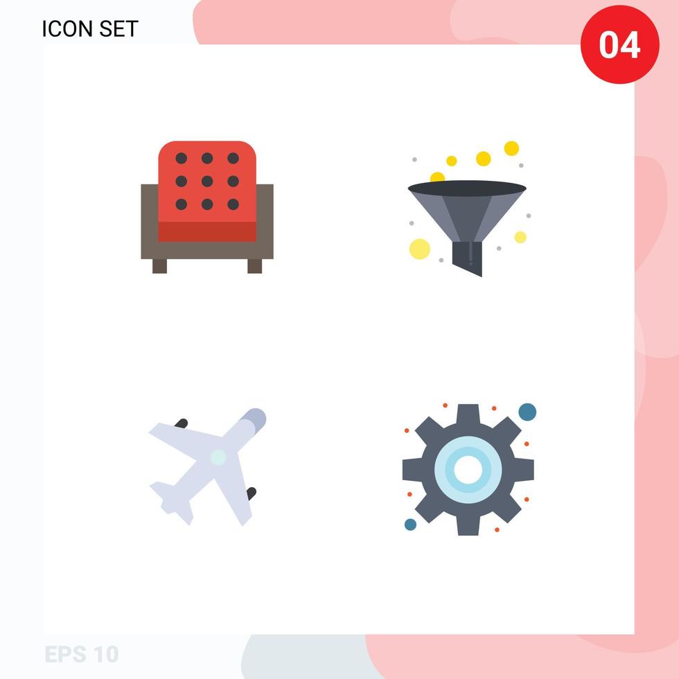 grupo de 4 iconos planos signos y símbolos para muebles plano sofá embudo cog elementos de diseño vectorial editables vector