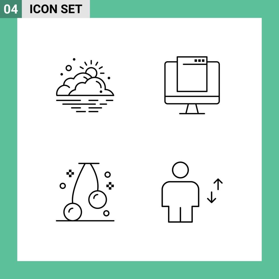 paquete de interfaz de usuario de 4 colores planos básicos de línea de llenado de elementos de diseño de vector editables de comida de monitor de sol emergente en la nube