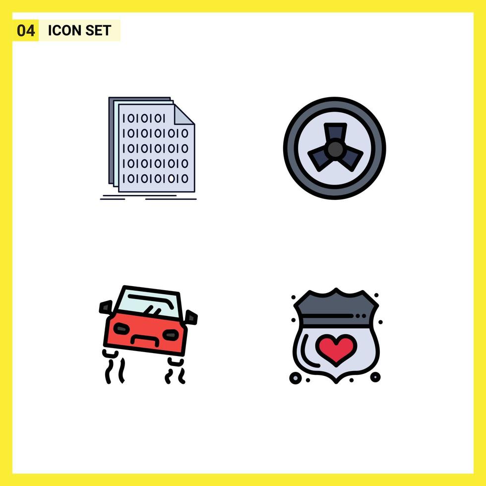 Universal Icon Symbols Group of 4 Modern Filledline Flat Colors of binary car data nuclear skidding Editable Vector Design Elements