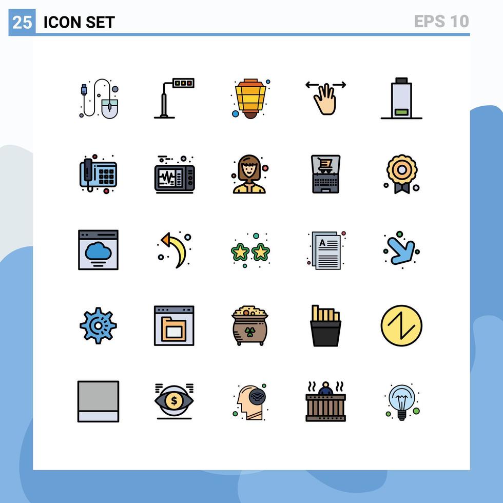 grupo de 25 signos y símbolos de colores planos de línea rellena para elementos de diseño de vectores editables de luz de mano de islam móvil de batería