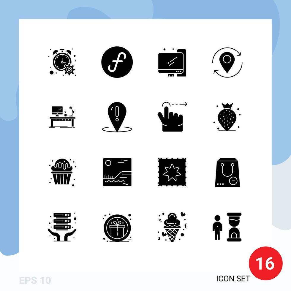 Group of 16 Modern Solid Glyphs Set for business pin computer marker location Editable Vector Design Elements