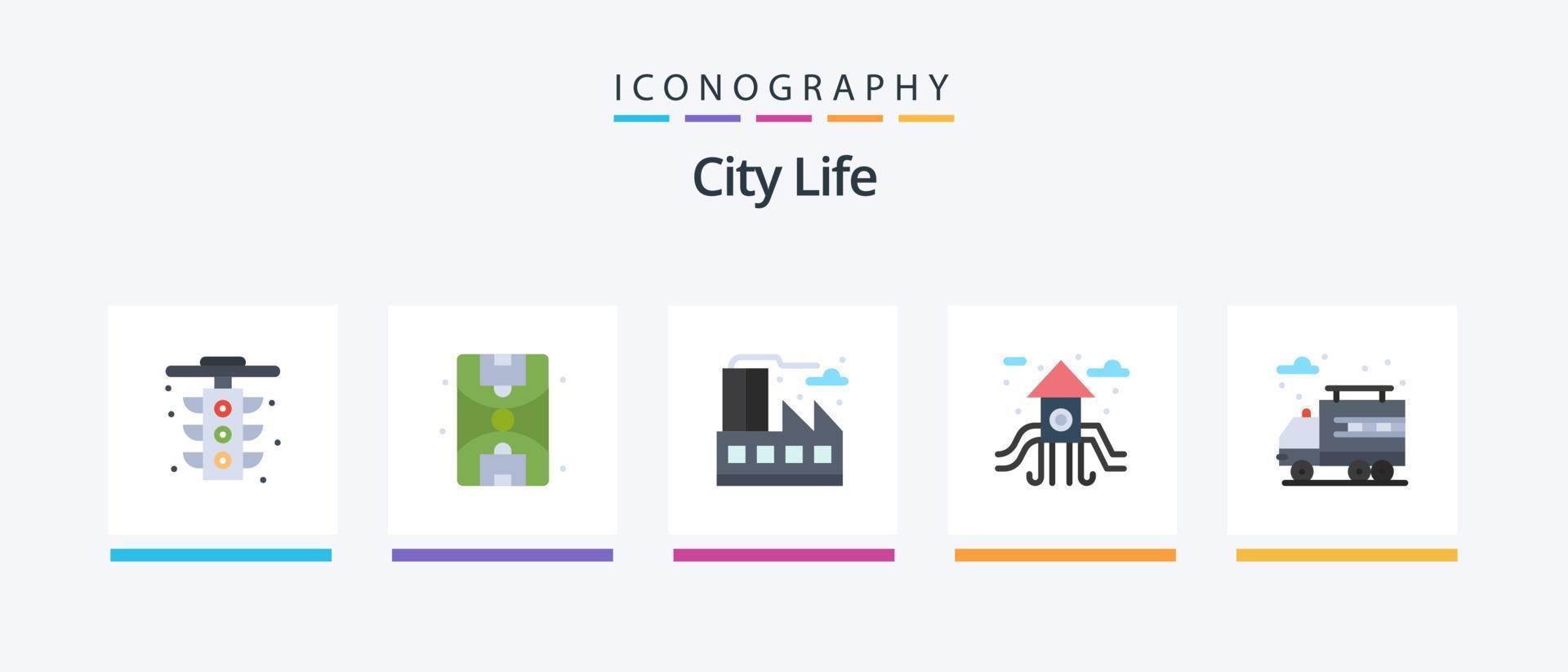 Paquete de 5 iconos planos de la vida de la ciudad que incluye. camión. la vida. la vida. patio de recreo. diseño de iconos creativos vector