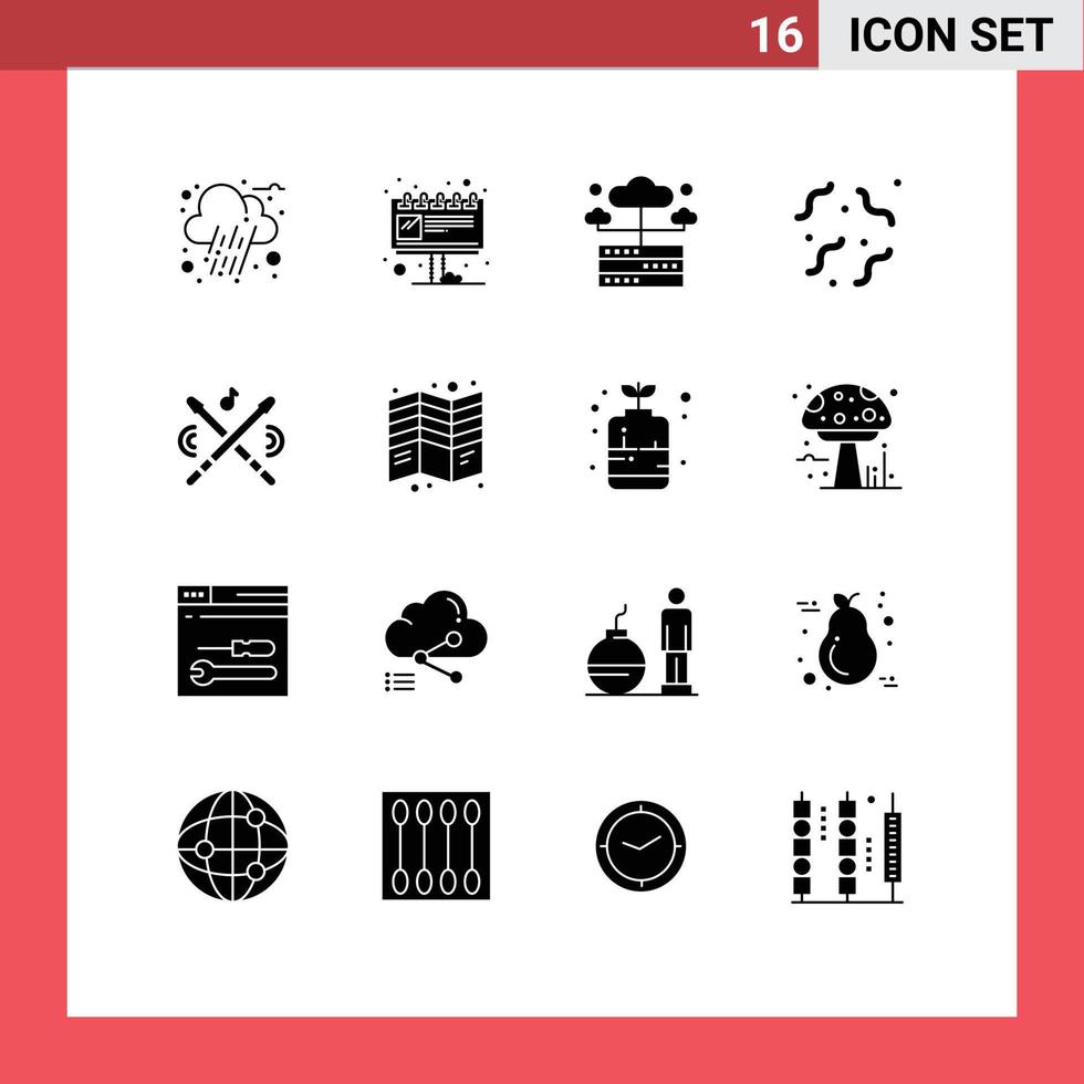 Pictogram Set of 16 Simple Solid Glyphs of music drum hosting worm rotten Editable Vector Design Elements