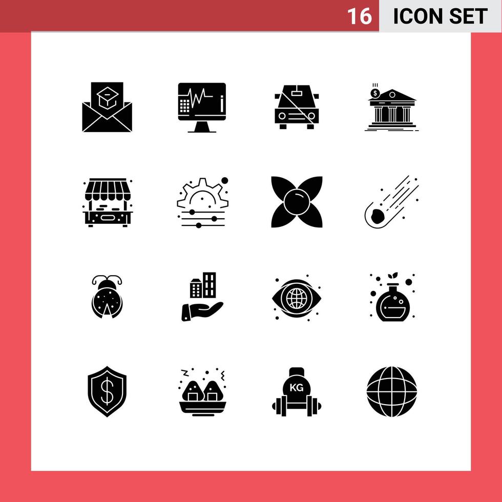 Set of 16 Vector Solid Glyphs on Grid for building bank medical architecture off Editable Vector Design Elements