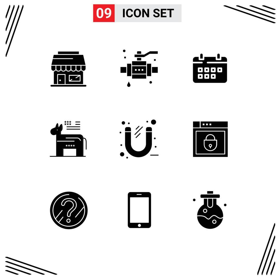 Set of 9 Vector Solid Glyphs on Grid for magnet symbol schedule political donkey Editable Vector Design Elements