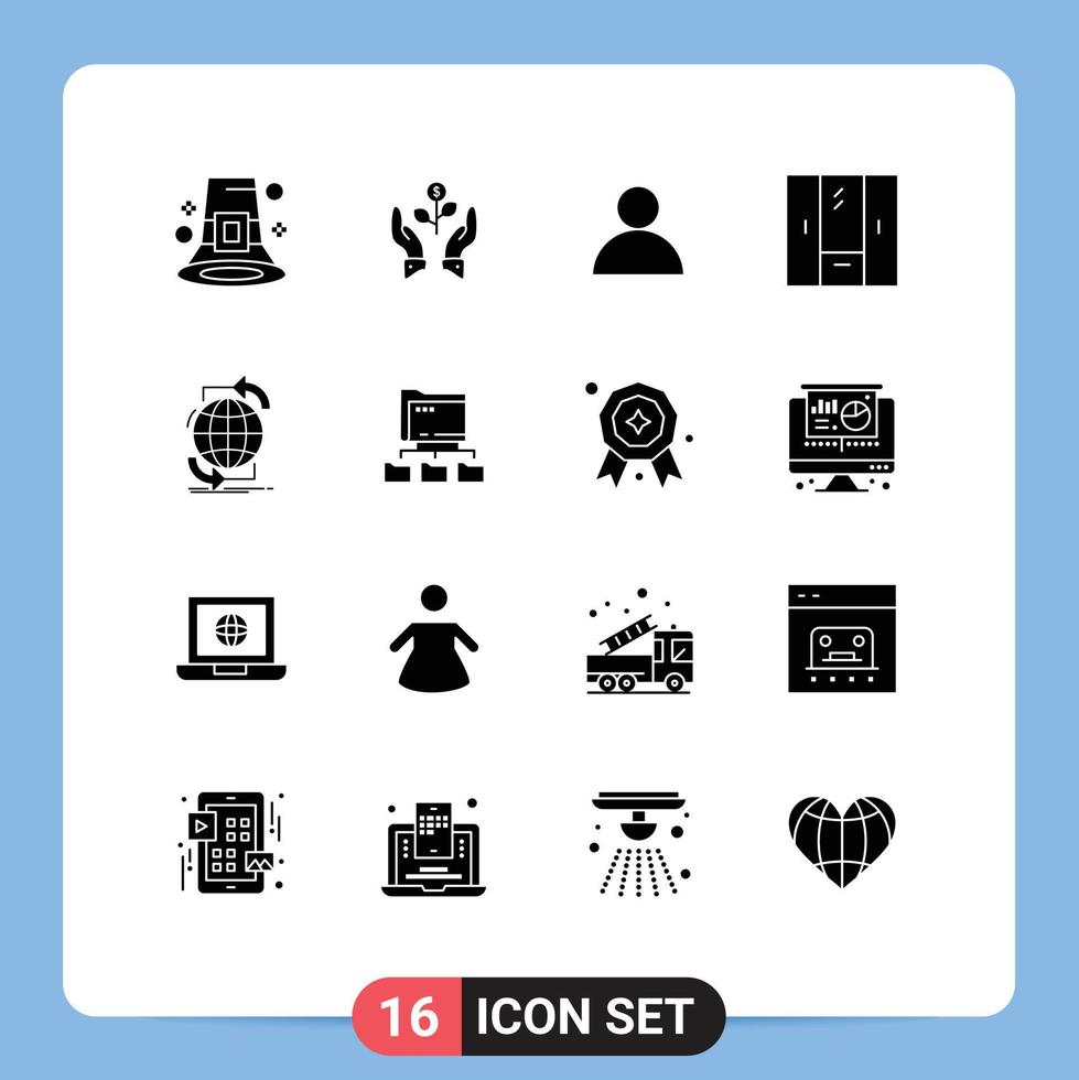 Pack of 16 creative Solid Glyphs of furniture closet growing user account Editable Vector Design Elements