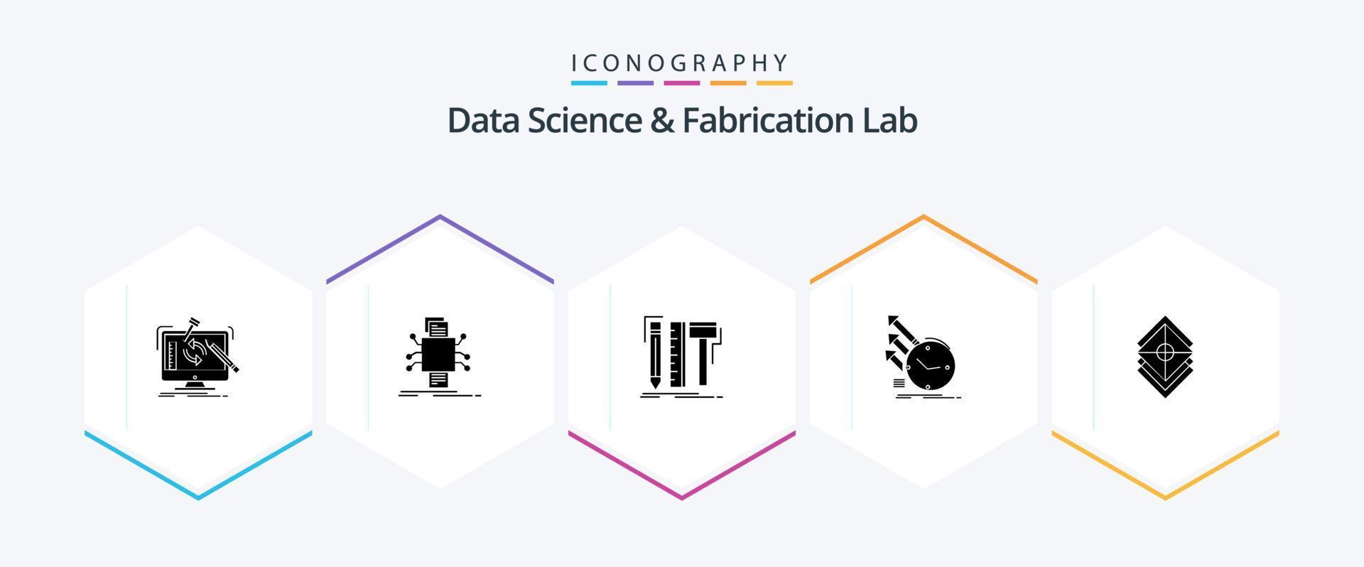 Data Science And Fabrication Lab 25 Glyph icon pack including of. detection. processing. pencil. digital vector