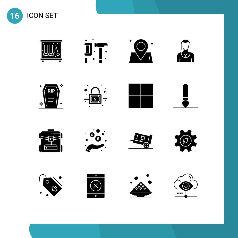Solid Glyph Pack of 16 Universal Symbols of casket girl location character actress Editable Vector Design Elements