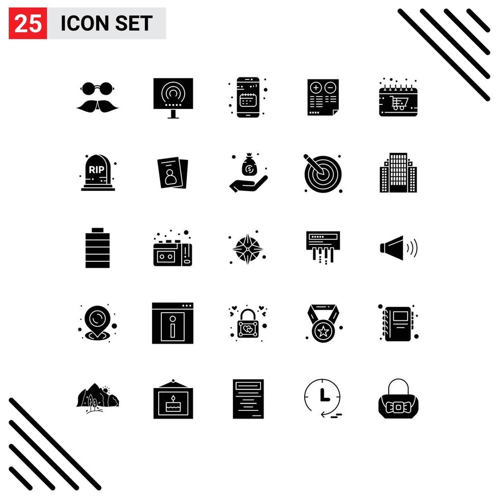 25 Solid Glyph concept for Websites Mobile and Apps document pros signal mobile calendar Editable Vector Design Elements