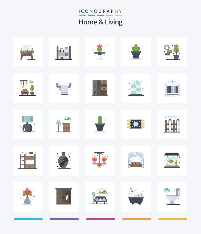 hogar creativo y vida 25 paquete de iconos planos como el interior. candelabros viviendo. viviendo. planta vector