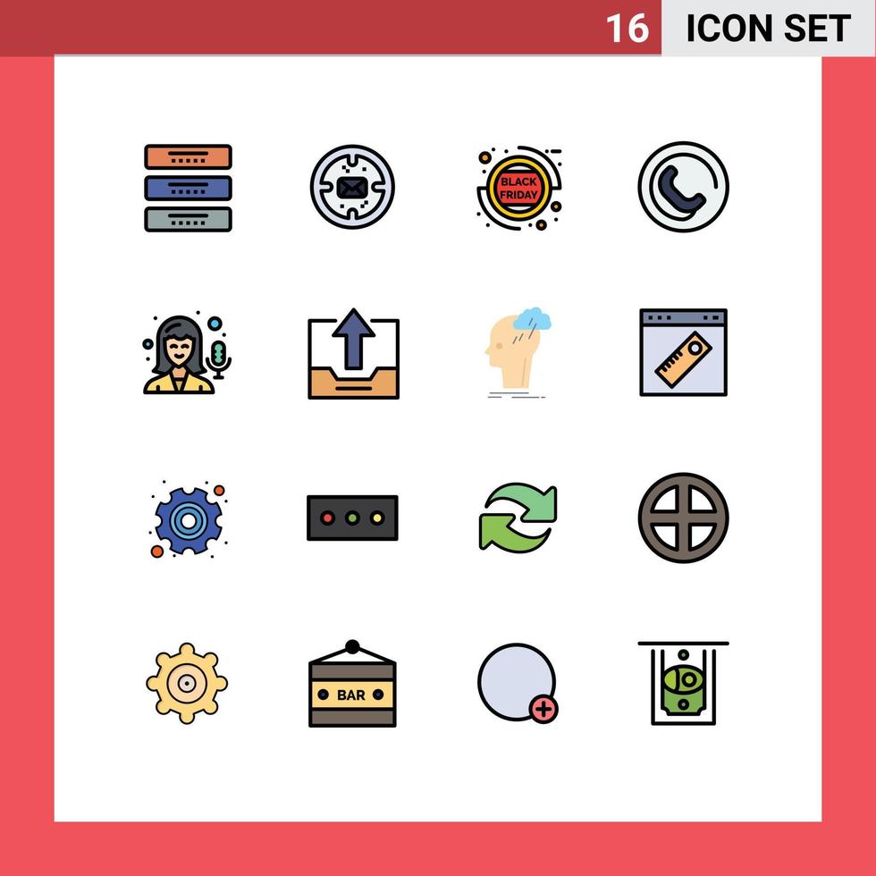 Pack of 16 Modern Flat Color Filled Lines Signs and Symbols for Web Print Media such as microphone sign mail phone sale Editable Creative Vector Design Elements