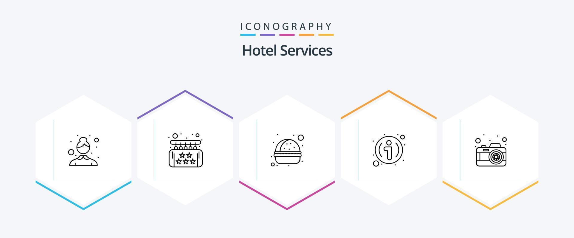 paquete de iconos de 25 líneas de servicios de hotel que incluye foto. recepción. hamburguesa. información. escritorio vector