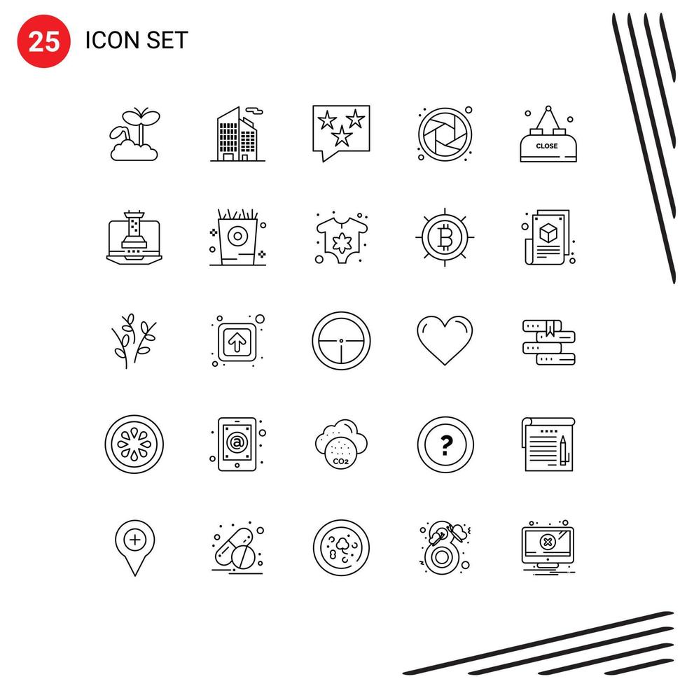 25 User Interface Line Pack of modern Signs and Symbols of meal drink chat shutter camera Editable Vector Design Elements